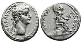 Tiberius, AD 14-37. AR Denarius. (18mm. 3,7 g.). Lyons mint. TI CAESAR DIVI AVG AVGVSTVS, laureate head right. Rev. PONTIF MAXIM, Livia, as Pax, holdi...