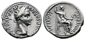 Tiberius, AD 14-37. AR Denarius. (20mm. 3,80 g.). Lyons mint. TI CAESAR DIVI AVG AVGVSTVS, laureate head right. Rev. PONTIF MAXIM, Livia, as Pax, hold...