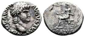 Nero, 54-68. AD. AR Denarius (17 mm, 2,90 g.). Rome, 65-66 AD. NERO CAESAR AVGVSTVS Laureate head of Nero to right. Rev. SALVS Salus seated left on th...