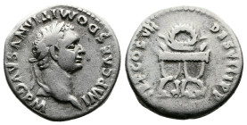 Domitian, 81-96 AD. AR Denarius (18 mm, 3.31 g.). Rome, 82 AD. IMP CAES DOMITIANVS AVG P M Laureate head of Domitian to right. Rev. TR P COS VII DES V...