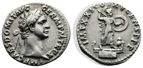 Domitian, 81-96 AD. AR Denarius (19 mm, 3,26 g.). Rome, 90 AD. IMP CAES DOMIT AVG GERM PM TR P X. Rev. IMP XXI COS XV CENS P P P Minerva standing righ...