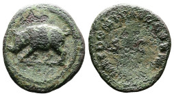 Domitian, 81-96 AD. AE Quadrans (18mm, 2,27g.). Rome, 84-85 AD. Rhinoceros standing to right. Rev. IMP DOMIT AVG GERM around S C. RIC II.1 249; BMCRE ...