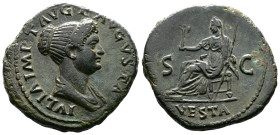 Julia Titi, 79-90/1. AE Dupondius (28 mm, 10.92 g.). Rome, 80-81 AD. IVLIA IMP T AVG F AVGVSTA Draped bust of Julia Titi to right, her hair tied up in...
