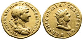 Trajan, 98-117 AD. AV Aureus (19 mm, 6,90 g.). Rome, autumn 116- August 117 AD. IMP CAES NER TRAIAN OPTIM AVG GERM DAC Laureate, draped and cuirassed ...