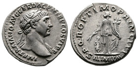 Trajan, 98-117 AD. AR Denarius (19 mm, 3,43 g.). Rome, 112-113 AD. IMP TRAIANO AVG GER DAC P M TR P COS VI P P Laureate bust of Trajan to right, with ...