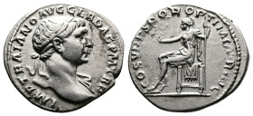 Trajan, 98-117 AD. AR Denarius (20 mm, 3,63 g.), Rome, 108-109 AD. IMP TRAIANO AVG GER DAC P M TR P Laureate bust of Trajan to right with slight drape...