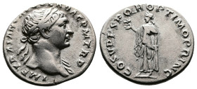 Trajan, 98-117 AD. AR Denarius (20 mm, 3.47 g.). Rome, 107-108 AD. IMP TRAIANO AVG GER DAC P M TR P Laureate bust of Trajan to right, with slight drap...