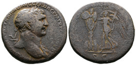 Trajan, 98-117 AD. AE Sestertius (33mm, 24,85g.). Rome, 106-107 AD. IMP CAES NERVAE TRAIANO AVG GER DAC P M TR P COS V P P, laureate bust of Trajan to...