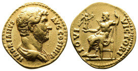 Hadrian, 117-138 AD. AV Aureus (21 mm, 7.21 g.), Rome, 134-138 AD. HADRIANVS AVG COS III P P Bare head of Hadrian to right. Rev. IOVI VICTORI Jupiter ...