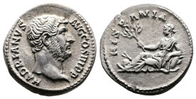 Hadrian, 117-138 AD. AR Denarius (18 mm, 3.18 g.). Rome, 130-133 AD. HADRIANVS AVG COS III P P Bare head of Hadrian to right. Rev. HISPANIA Hispania r...
