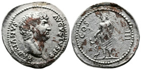 Hadrian, 117-138 AD. AR Cistophoric Tetradrachm (27 mm, 10,26 g.). Ephesus. HADRIANVS AVGVSTVS P P Bare head of Hadrian to right. Rev. COS III Aescula...
