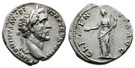 Antoninus Pius, 138-161 AD. AR Denarius (17 mm, 3.37 g.). Rome, 141-143 AD. ANTONINVS AVG PIVS P P TR P COS III Laureate head of Antoninus Pius to rig...