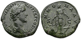 Antoninus Pius, 138-161 AD. AE Sestertius (32mm, 23,10g.). Rome, 140-144 AD. ANTONINVS AVG PIVS P P TR P COS III, laureate head to right. Rev. ANNONA ...
