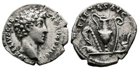 Marcus Aurelius, as Caesar, 139-161 AD. AR Denarius (18 mm, 2,23 g.). Rome, 142 AD. AVRELIVS CAESAR AVG PII F COS Bare head of Marcus Aurelius to righ...