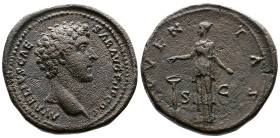 Marcus Aurelius, as Caesar, 139-161 AD. AE Sestertius (33 mm, 30,74 g.). Rome, 140-144 AD. AVRELIVS CAESAR AVG PII F COS Bare headed and draped bust o...