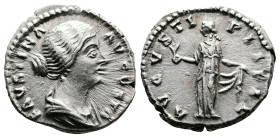Faustina II Augusta 147-176 AD. AR Denarius (17mm, 3,39 g.) Rome. FAVSTINA AVGVSTA. Draped bust right. Rev. AVGVSTI P II FIL. Spes standing facing, he...