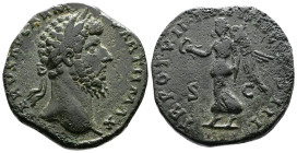 Lucius Verus, 161-169 AD. AE Sestertius (30mm, 23,63g.). Rome 167 AD. L VERVS AVG ARM PARTH MAX, laureate head of Lucius Verus to right. Rev. TR POT V...