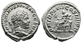 Caracalla, 198-217 AD. AR Denarius (19 mm, 2,88 g.). Rome, 214 AD. ANTONINVS PIVS AVG GERM Laureate head of Caracalla to right. Rev. P M TR P XVII COS...