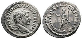 Caracalla 211-217 AD. AR Denarius (20 mm, 3,16 g.). Struck in Rome in 216 AD. ANTONINVS PIVS AVG GERM Laureate head to right. Rev. P M TR P XVIIII COS...