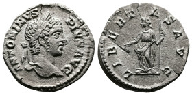 Caracalla 198-217 AD. AR Denarius (19 mm, 3,13 g.) Rome, 213 AD. ANTONINVS PIVS AVG, Laureate head to right. Rev. LIBERTAS AVG, Libertas standing left...
