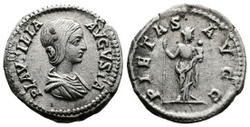 Plautilla, 202-205 AD. AR Denarius (19 mm, 3.08 g.). Rome, 203-204 AD. PLAVTILLA AVGVSTA Draped bust to right. Rev. PIETAS AVGG Pietas standing front,...