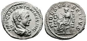 Elagabalus, 218-222 AD. AR Denarius (20mm, 2,59g.). Rome, 218 AD. IMP CAES M AVR ANTONINVS AVG, laureate and draped bust to right. Rev. FIDES EXERCITV...
