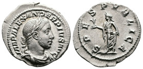 Severus Alexander. 222-235 AD. AR Denarius (20mm, 3,01 g.). Struck in Rome in 232 AD. IMP ALEXANDER PIVS AVG. Laureate and draped bust right. Rev. SPE...