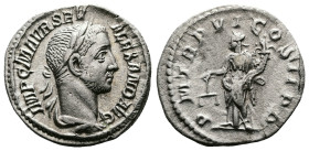Severus Alexander, 222-235 AD. AR Denarius (19 mm, 3,15 g.). Rome, 227 AD. IMP C M AVR SEV ALEXAND AVG Laureate and draped bust of Severus Alexander t...