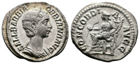 Orbiana. Augusta, 225-227 AD. AR Denarius (20mm, 2,61 g.). Rome 225 AD. SALL BARBIA ORBIANA AVG, draped bust right, wearing stephane. Rev. CONCORDIA A...