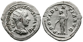 Gordian III, 238-244. Antoninianus (24 mm, 3,49 g.). Rome, 243-244. IMP GORDIANVS PIVS FEL AVG Radiate, draped and cuirassed bust of Gordian III to ri...