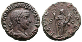 Gordian III, 238-244 AE As (23mm, 10,0g.) IMP GORDIANVS PIVS FEL AVG Laureate, draped and cuirassed bust r. Rev. FELICIT TEMPOR Felicitas standing lef...