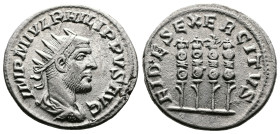 Philip I, 244–249 AD. AR Antoninianus. (22 mm. 4,27 g.). Antioch. IMP PHILIPPVS AVG, radiate, draped and cuirassed bust right. Rev. FIDES EXERCITVS, t...