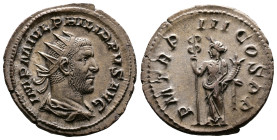 Philip I, 244–249 AD. AR Antoninianus. (22mm, 3,90g.). Rome, 244-249 AD. IMP M IVL PHILIPPVS AVG, radiate and cuirassed bust right. Rev. PM TR P IIII ...