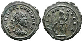 Quintillus, 270 AD. Silvered Bronze Antoninianus (23 mm, 4,11 g.). Cyzicus, September-October 270 AD. IMP QVINTILLVS P F AVG Radiate, draped and cuira...
