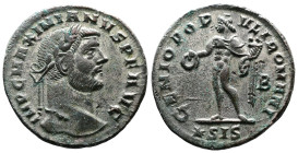 Maximianus, first reign, 286-305 AD. AE Follis (27mm, 8,69 g.). Siscia, 295 AD. MAXIMIANVS NOB CAES, laureate head to right. Rev. GENIO POPVLI ROMANI,...