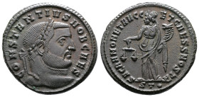 Constantius I, as Caesar, 293-305 AD. AE Follis (26 mm, 9,99 g.), Ticinum, 300-303 AD. CONSTANTIVS NOB CAES Laureate head of Constantius to right. Rev...