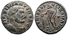 Galerius, as Caesar, 293-305. Silvered Bronze Follis (27 mm, 10,95 g.). Lugdunum, 302-304 AD. MAXIMIANVS NOB C Laureate and cuirassed bust of Galerius...