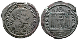 Maxentius, 307-312 AD. AE Follis (26 mm, 7,77 g.). Aquileia, 308-309 AD. IMP MAXENTIVS P F AVG COS II Laureate bust of Maxentius to right, wearing con...