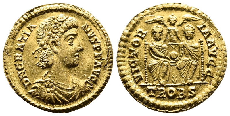 Gratian, 373-375 AD. Gold Solidus. (21 mm. 4,46 g.). Trier. DN GRATIANVS PF AVG,...