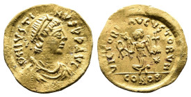 Justin I, 518-527 AD. Gold Tremissis (15 mm, 1.46 g.), Constantinople. D N IVSTI-NVS P P AVG Diademed, draped and cuirassed bust of Justin I to right....