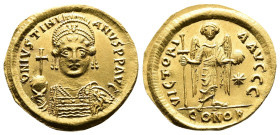Justinian I, 527-565 AD. Gold Solidus (20 mm, 4.37 g.). Thessalonica, 542-562 AD. D N IVSTINIANVS P P AVG Helmeted, diademed and cuirassed bust of Jus...