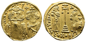 Constans II 641-668 AD. Gold Solidus (19,6 mm, 4,32 g.) Constantinople, ca. 662-667 AD. dN CONSTANI, facing busts of Constans, on left with long beard...