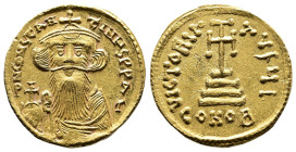 Constans II. 641-668 AD. Gold Solidus (19mm. 4,47 g.). Constantinople, 10th. officina. δ N CONSTANTINЧS P P AV, bust facing with long beard and mousta...