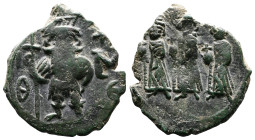 Constans II, with Constantine IV, Heraclius, and Tiberius, 641-668 AD. AE Follis (22 mm, 3,64 g.). Constantinople, 659-660 AD. Constans II standing fa...