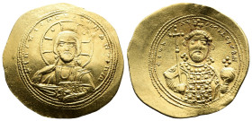 Constantine IX Monomachus 1042-1055 AD. Gold Histamenon (27mm, 4,38 g.). Constantinople. +IhS XIS RЄX RЄςNANTIҺm Nimbate bust of Christ facing, wearin...