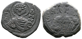Manuel I. 1143-1181 AD. AE Tetarteron. (21 mm. 4,13 g.). Thessalonica. O ΓEWΡΓΙΟC across fields, bust facing of St. George, unbearded, nimbate, wearin...