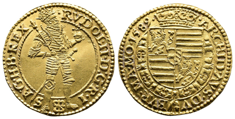 House of Habsburg, Rudolph II, 1576-1612. Gold Ducat (22mm, 3,48g.). Dated 1589,...