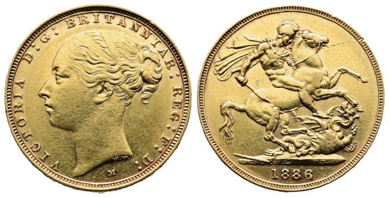 Victoria, 1837-1901. Gold sovereign (22mm, 7,9g.), 1886 M. Melbourne. Young head...