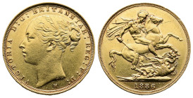 Victoria, 1837-1901. Gold sovereign (22mm, 7,9g.), 1886 M. Melbourne. Young head left, WW complete on truncation; mintmark M below; VICTORIA D: G: BRI...