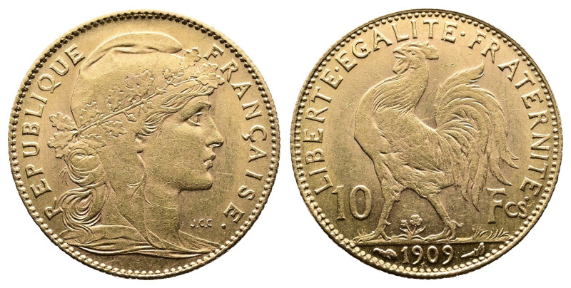 3rd. Republic. 10 Francs Gold (19mm, 3,24g.). 1909 A.Paris Ga.1017-F.509. About ...